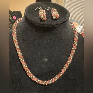 Vintage Beautiful Seed Bead Twisted Necklace with Matching Earrings Pink Crystal